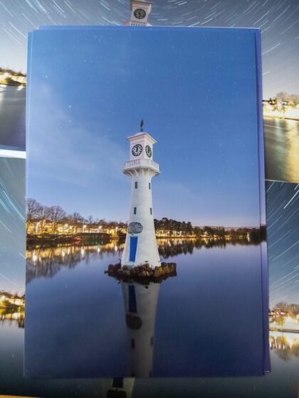 Buy night sky landscape of Roath Park lighthouse