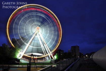 Big wheel at night in Cardiff Bay