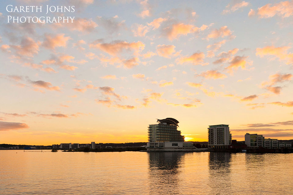 Cardiff Bay sunset over St Davids Hotel